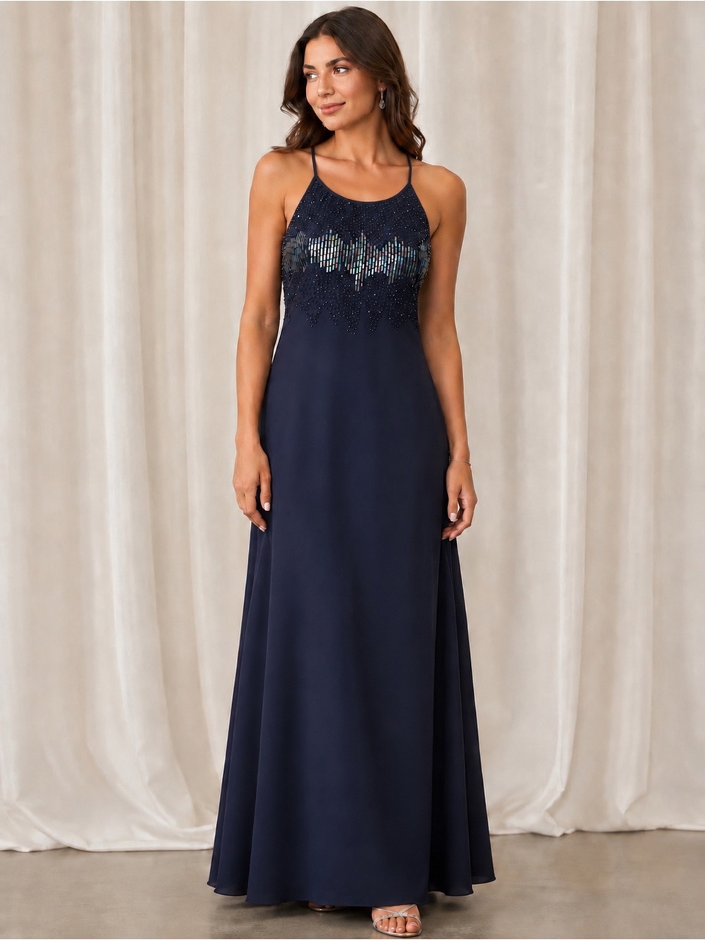 Cachet Women's Black Beaded Spaghetti Strap Maxi Formal Dress Size 6